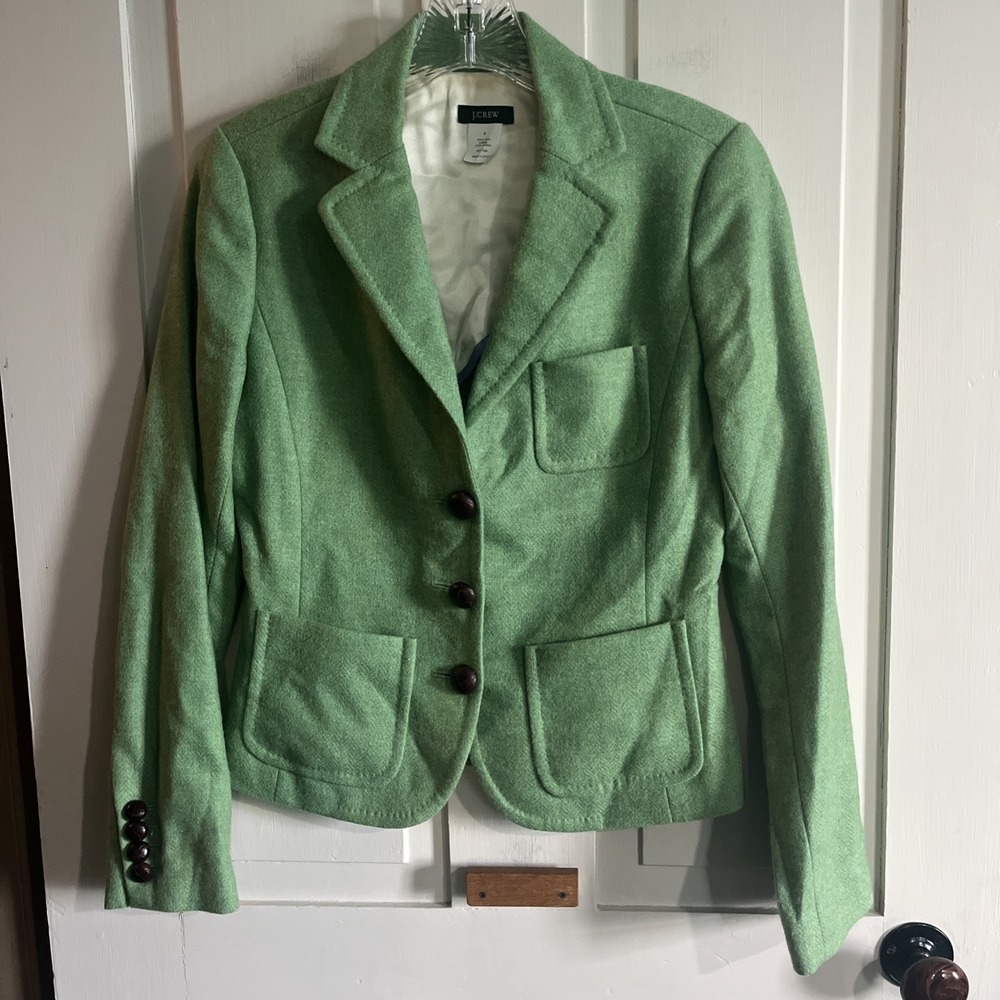 J.Crew Green Wool Three Button Tailored Blazer Size 0 Preppy Academia Classic